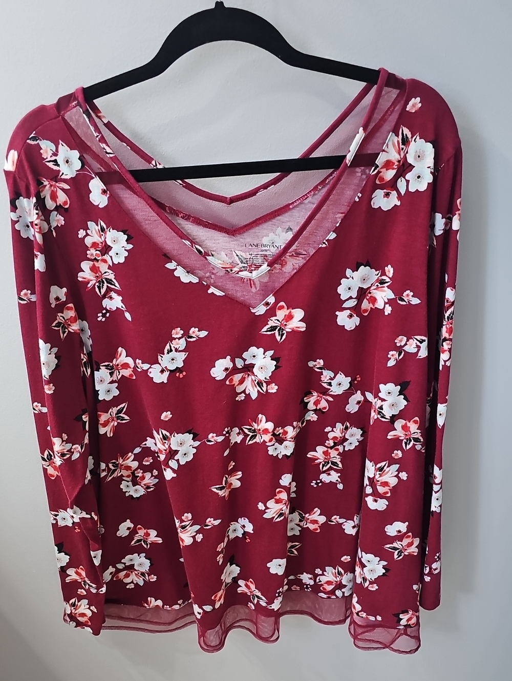Lane Bryant Floral V-Neck Long Sleeve Top - Burgundy & White